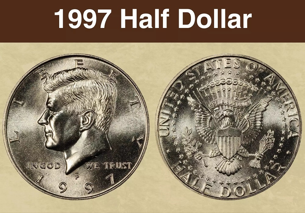 Grading strip showing four 1997 Kennedy Half Dollar examples from heavily worn to gem uncirculated condition
