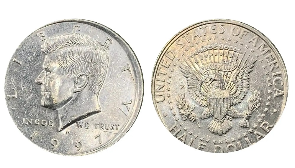 Side-by-side comparison of normal 1997 Kennedy Half Dollar versus a genuine off-center strike error showing blank crescent area