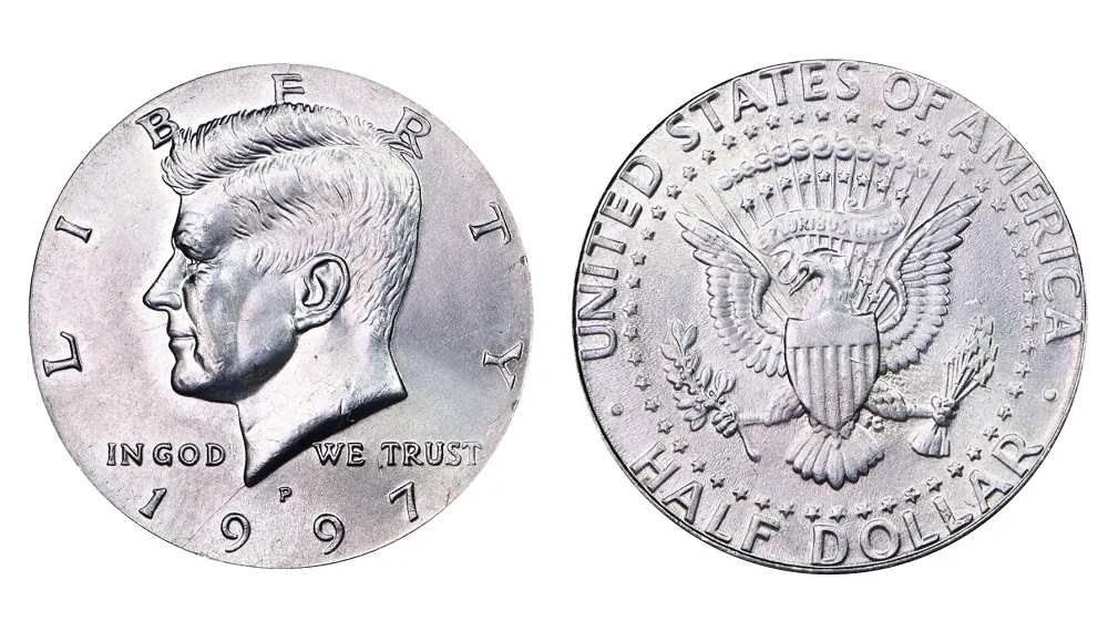 1997 Kennedy Half Dollar die crack error showing raised line on coin surface from stress fracture in the die