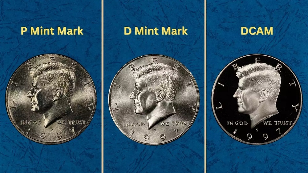Group of 1997 Kennedy Half Dollar specimens showing Philadelphia, Denver and San Francisco proof varieties
